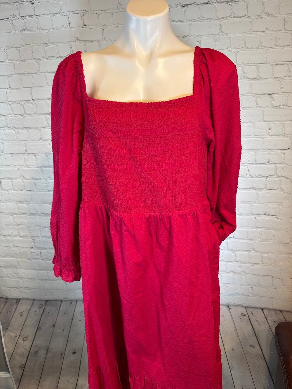 J.Crew Smocked Clip-Dot Puff-Sleeve Dress Women Pink Berry Cotton 2X. NWT